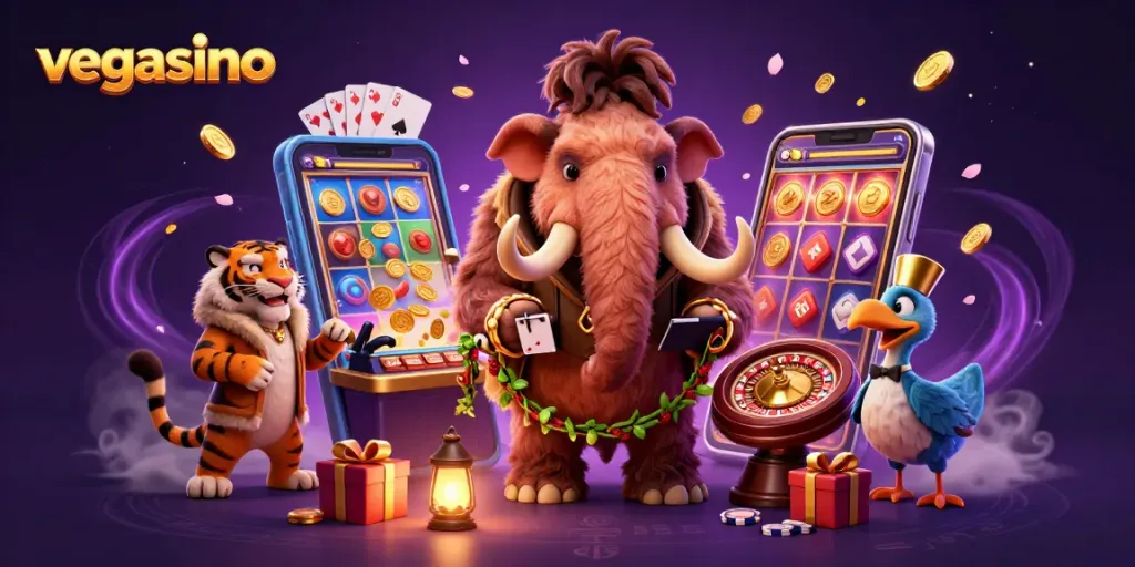 Experience exciting gameplay at Vegasino with a vibrant scene featuring a mammoth bouncer and thrilling casino elements.