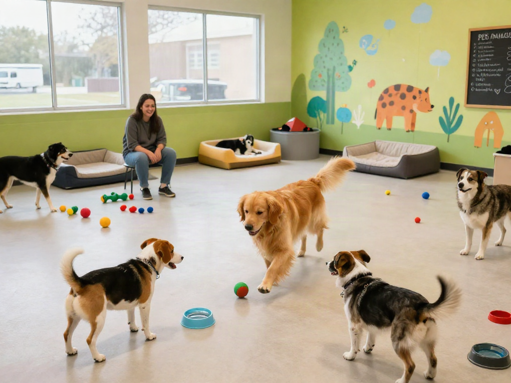 Dogs playing in a colorful dog daycare, showcasing deposit 10k pet care experience.