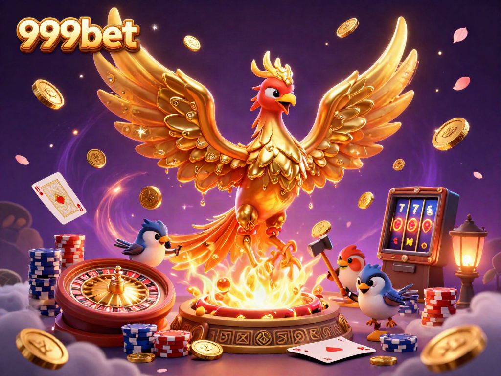 Experience the exciting world of 999bet with the golden phoenix surrounded by casino elements and vibrant game features.