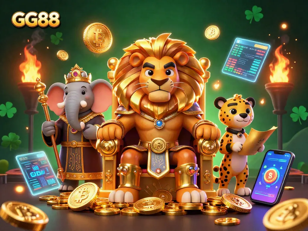 Engage with GG88 in a vibrant casino-themed illustration filled with enriching game elements and majestic characters.