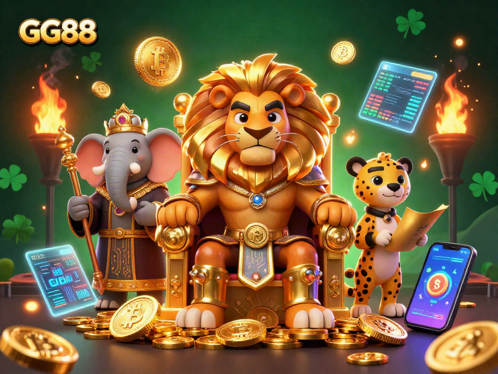 Engage with GG88 in a vibrant casino-themed illustration filled with enriching game elements and majestic characters.