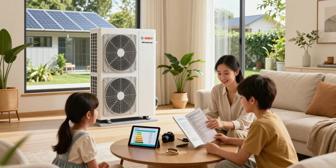 An engaged family reviews wärmepumpe bosch energy solutions in a bright living room, emphasizing modern eco-friendly living.