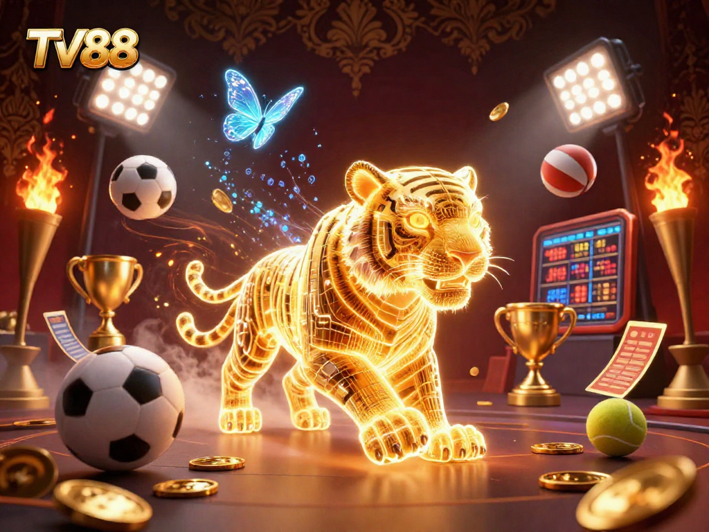 Engage with TV88's vibrant casino adventure with a golden tiger and holographic butterflies.