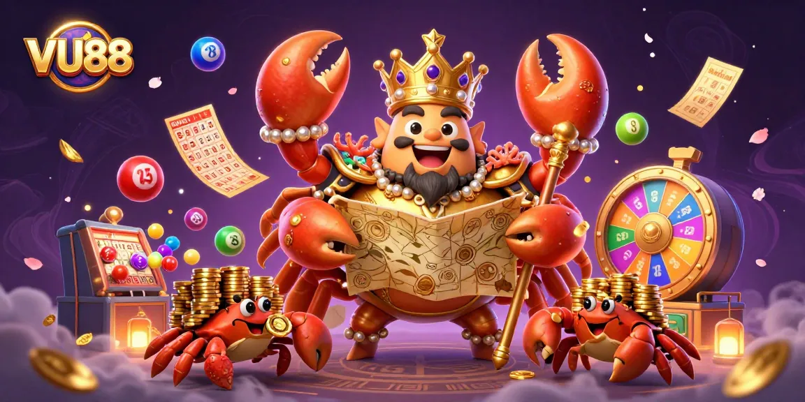 Engage in thrilling gameplay at VU88 and win with vibrant lottery elements and a grand golden crab emperor.