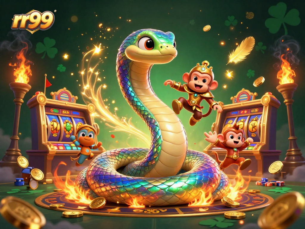 Experience rr99 at an immersive casino scene with a vibrant rainbow serpent and thrilling game elements.