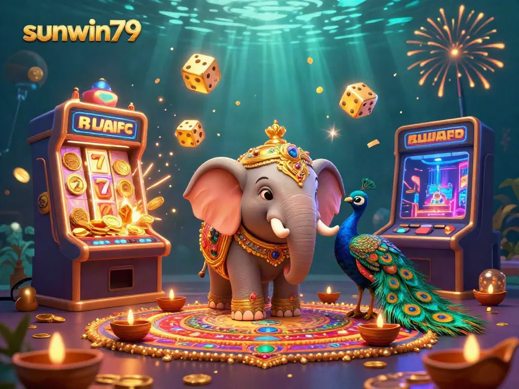 Experience the excitement of jackpots at sunwin79 with a vibrant 3D casino scene featuring a golden elephant, slot machine, and treasures.