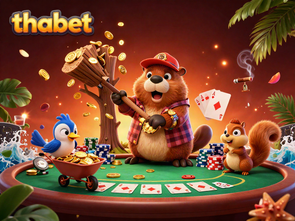 Engaging 3D scene with Thabet characters playing poker amidst raining gold coins, showcasing a lively casino atmosphere.