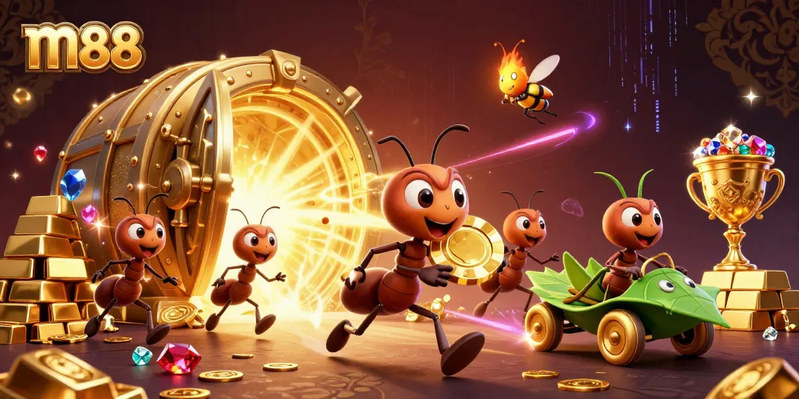 m88 players running heist with a giant poker chip in a vibrant casino setting