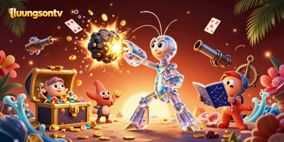 Experience thrilling action on luongsontv with a striking 3D illustration of a galactic mantis shrimp and starfish in a stunning casino scene.