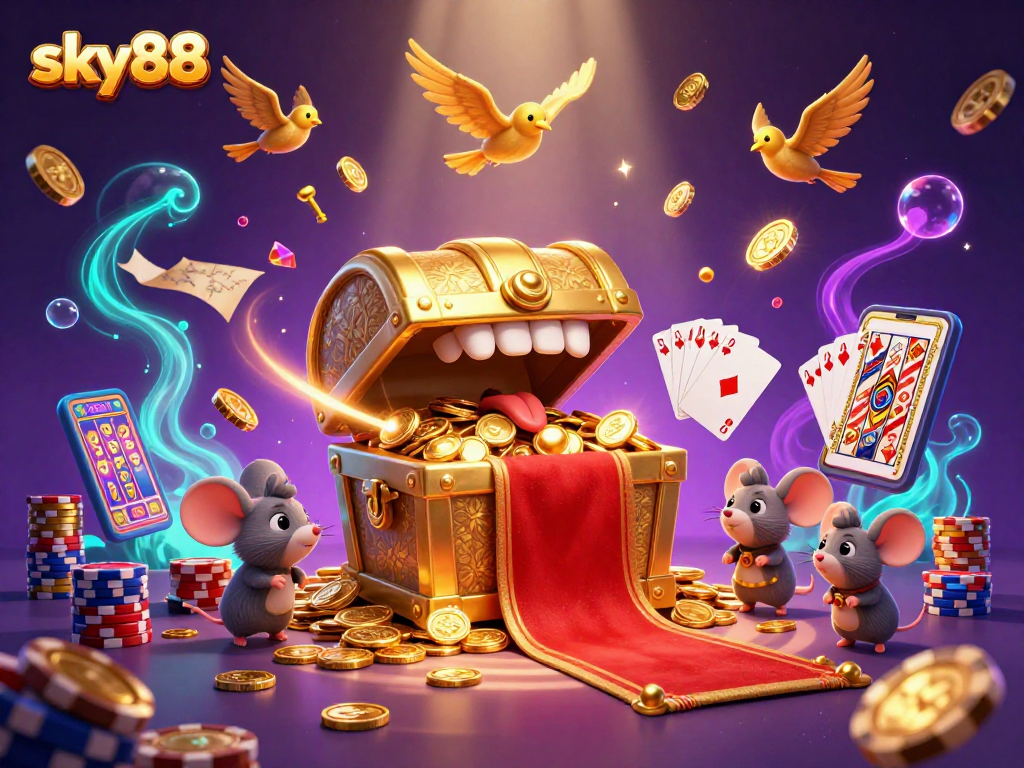 Engage in thrilling gameplay at sky88 with exciting treasure-themed 3D casino illustration.