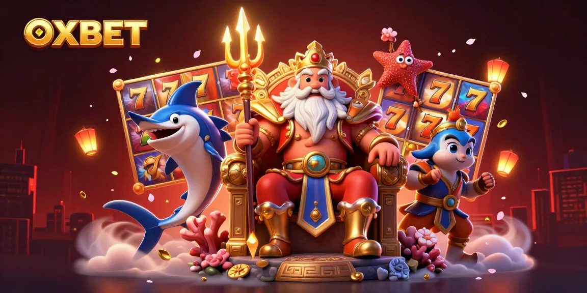 Engaging illustration of Neptune and a swordfish samurai celebrating gaming at OXBET, highlighting slots and jackpots.