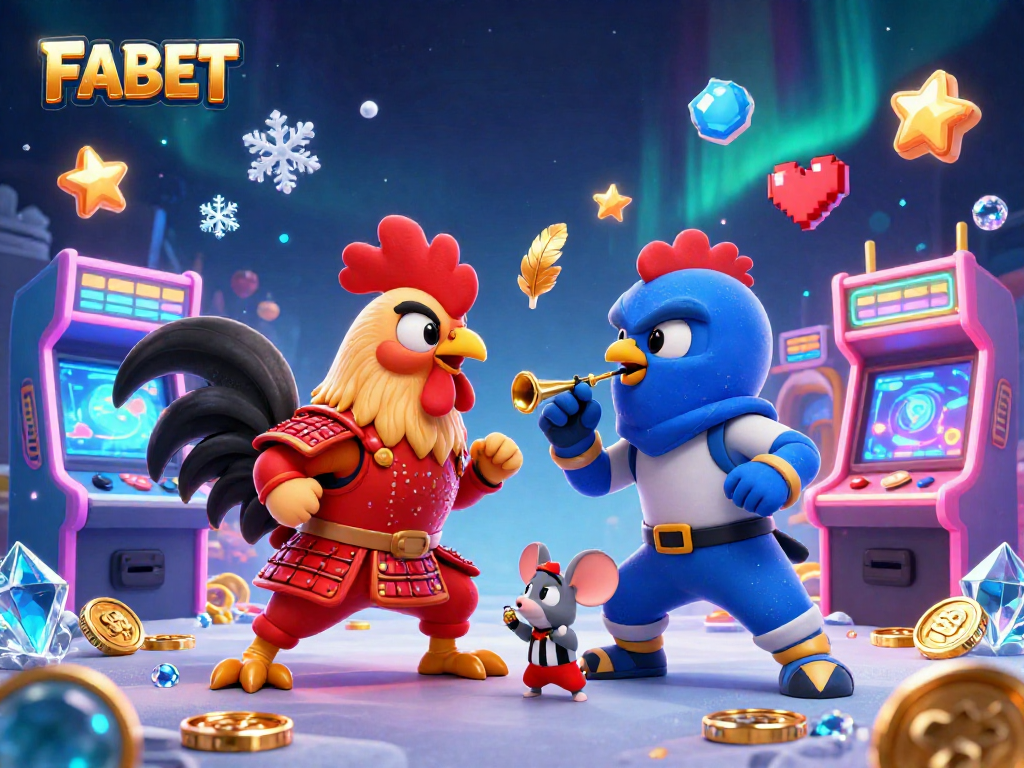 FABET showcases an epic dual of fighting roosters in a vibrant casino-themed scene with golden feathers.