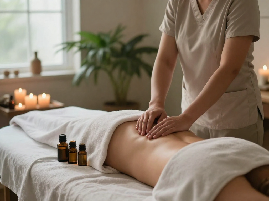 안마 서비스 at a tranquil spa, with a therapist preparing a calming massage session using essential oils and aromatic candles for 안양출장안마.