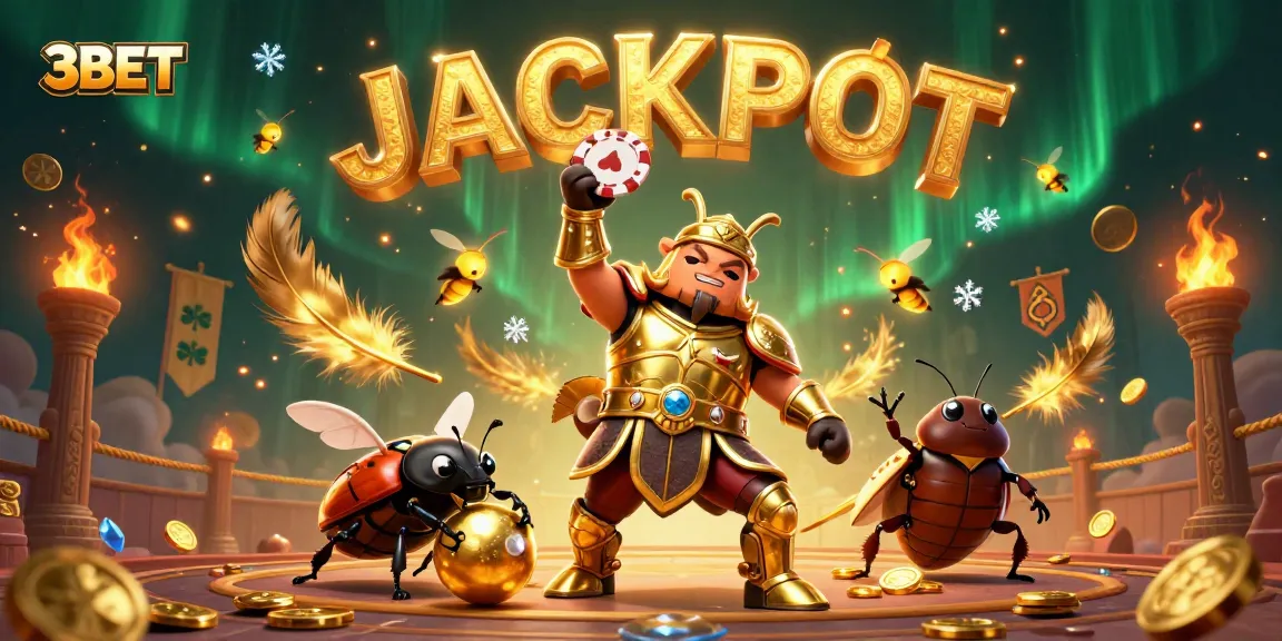Experience the thrill of 3BET with a victorious beetle championing high stakes in a vibrant casino scene.