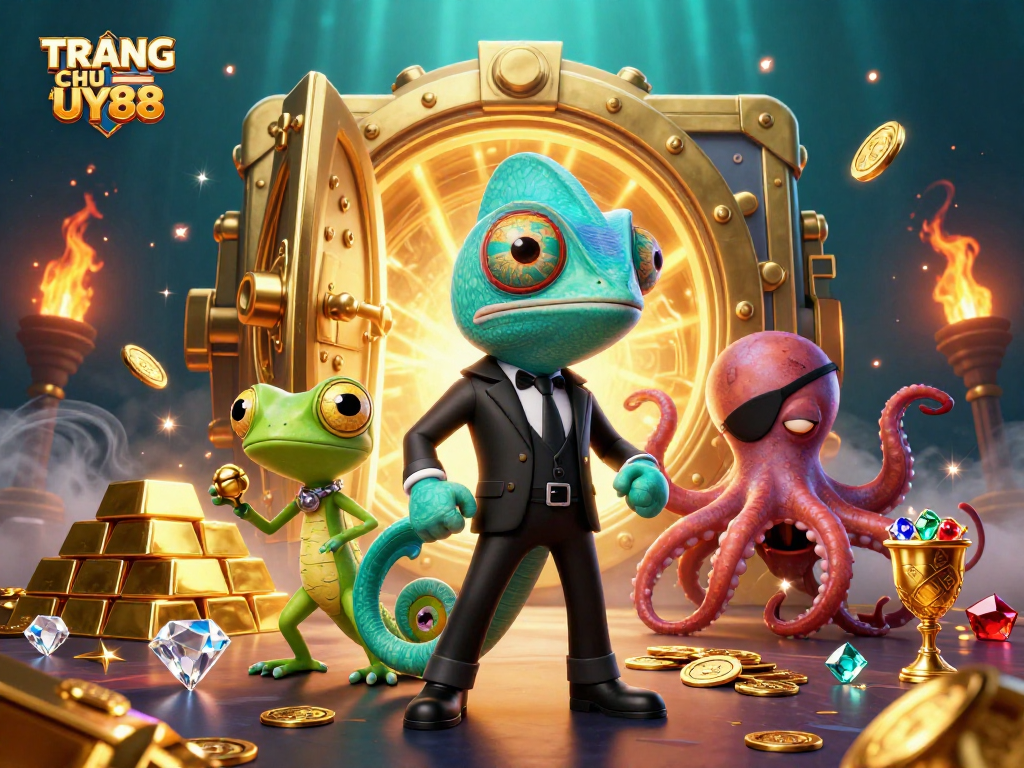 Experience TRANG CHỦ UY88 with a vibrant 3D scene showcasing thrilling casino elements and characters.
