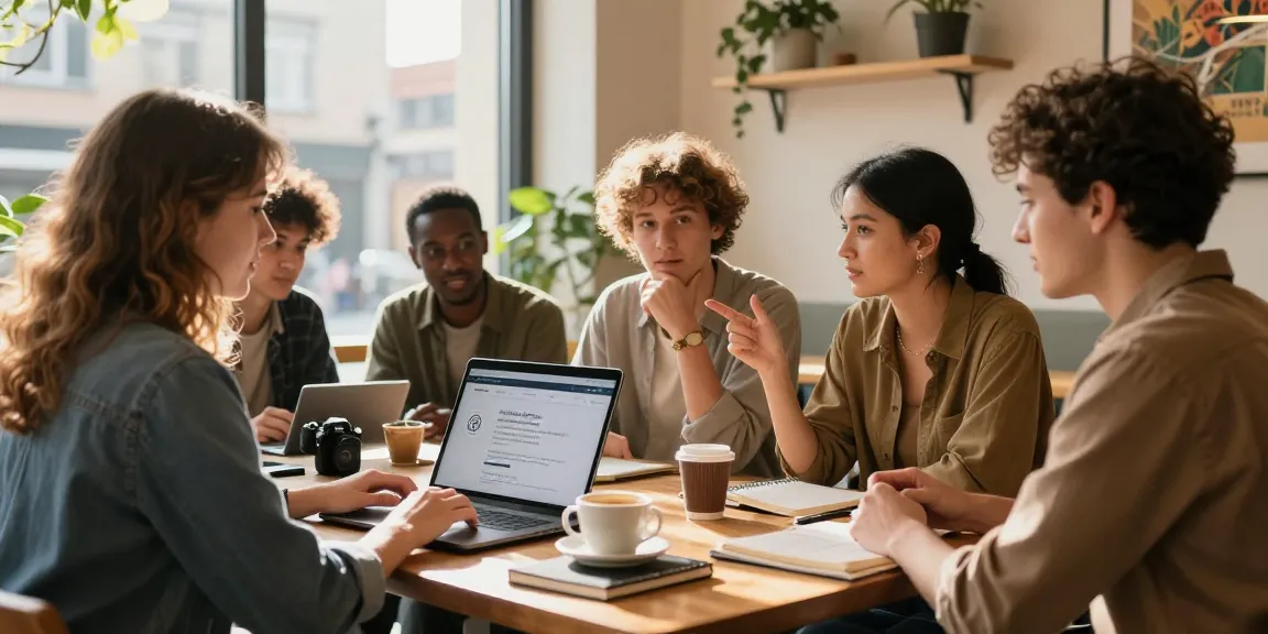 Gruppe von Freunden, die in einem Café darüber diskutieren, wie man eine deutsche ID-Karte online kauft, und Zusammenarbeit sowie moderne Technologie zeigt.