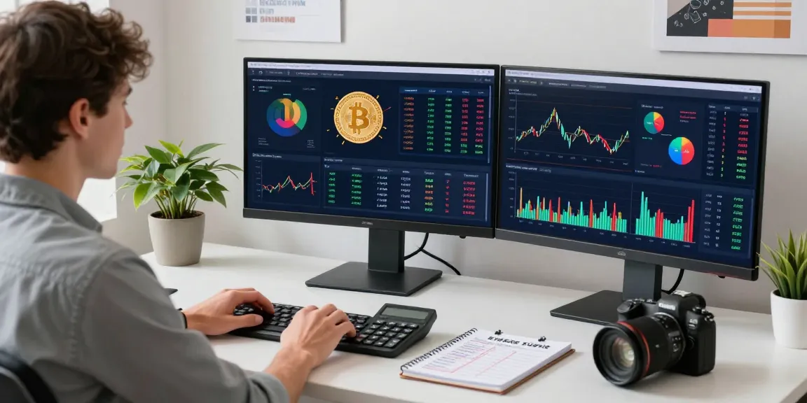 Infografiken und Datenvisualisierungen für Krypto-Anleger am modernen Schreibtisch