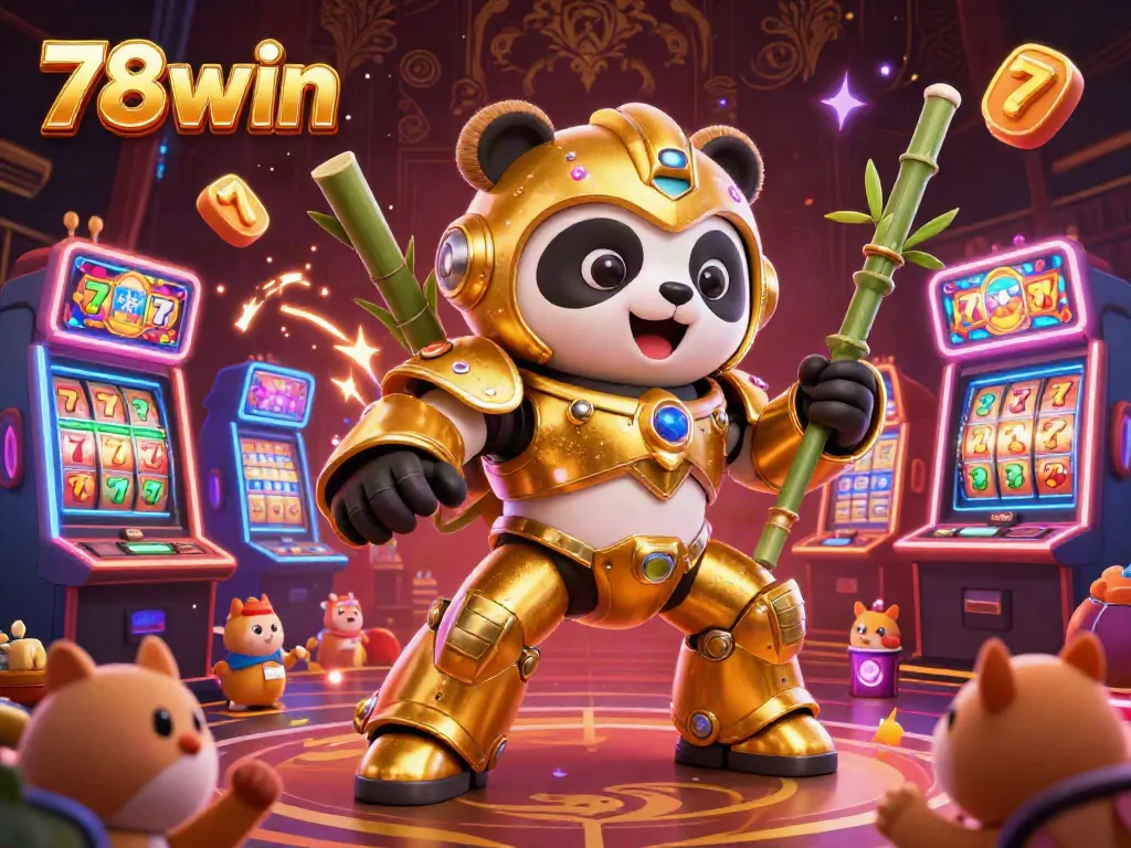 Experience the thrill of 78win with an immersive casino illustration featuring a golden panda robot in action.