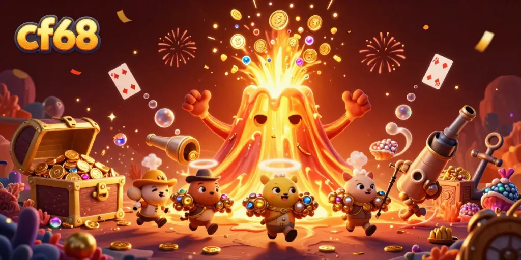 Experience thrilling action with cf68's golden eruption, gem treasures, and festive celebration.