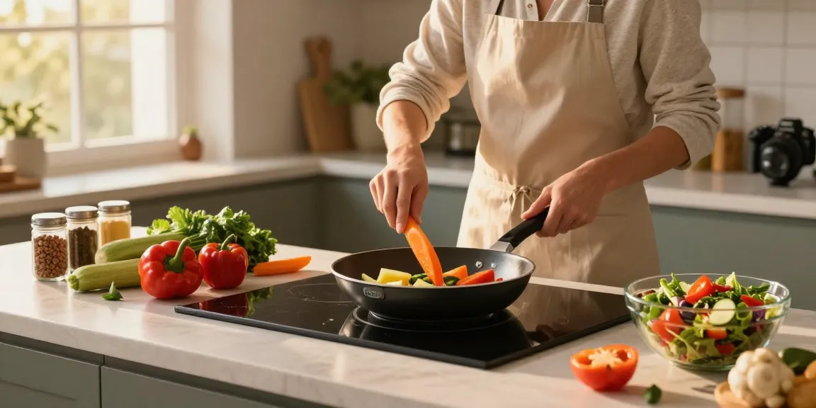Leckere Gemüse in PTFE freier Pfanne zu Hause mit nachhaltigen Zutaten kochen.