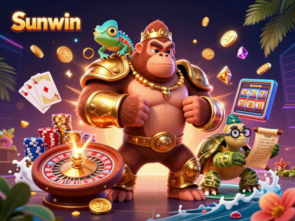 Experience thrilling wins at Sunwin with a vibrant casino illustration featuring exciting game elements.