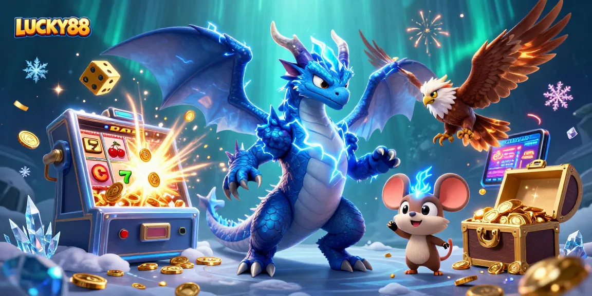 LUCKY88 offers excitement and jackpots with vibrant games and characters in a dynamic casino illustration.