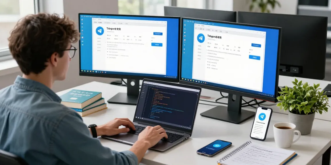 Setting up Telegram中文 in a modern office workspace, featuring dual monitors and desktop references.