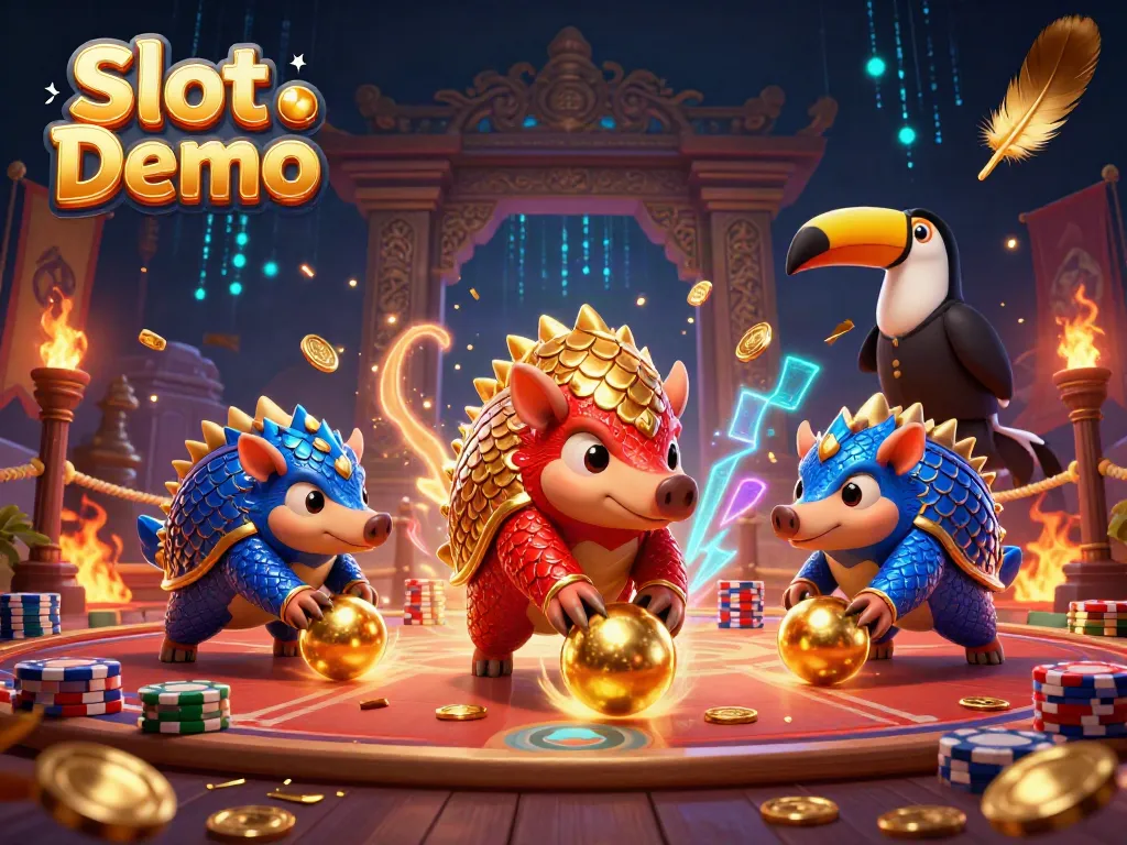 Experience the excitement of Slot Demo with dynamic pangolins, vibrant colors, and captivating casino elements.