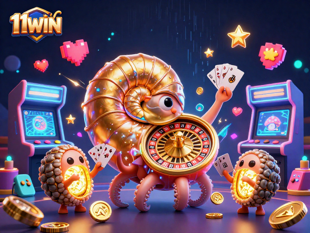 Experience thrilling games at 11WIN with a vibrant casino-themed illustration showcasing a giant nautilus and arcade elements.