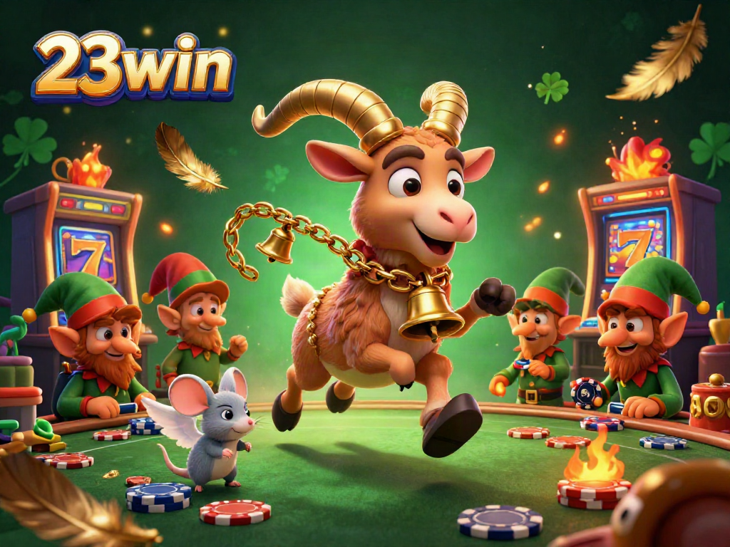 Experience the lively 23win online casino with Krampus and playful elves in a colorful, engaging scene.