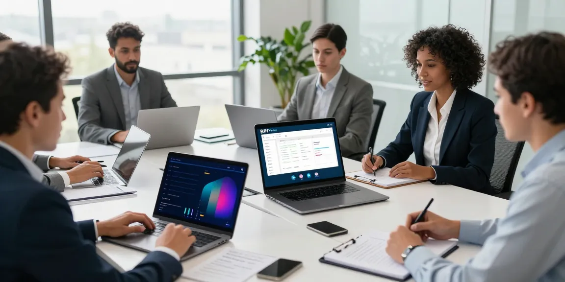 Equipe de profissionais utilizando BPI Net Empresas em videoconferência em escritório moderno.
