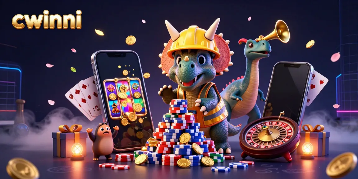 Cwinni players enjoy vibrant casino fun with triceratops building poker chips and exciting slot elements.