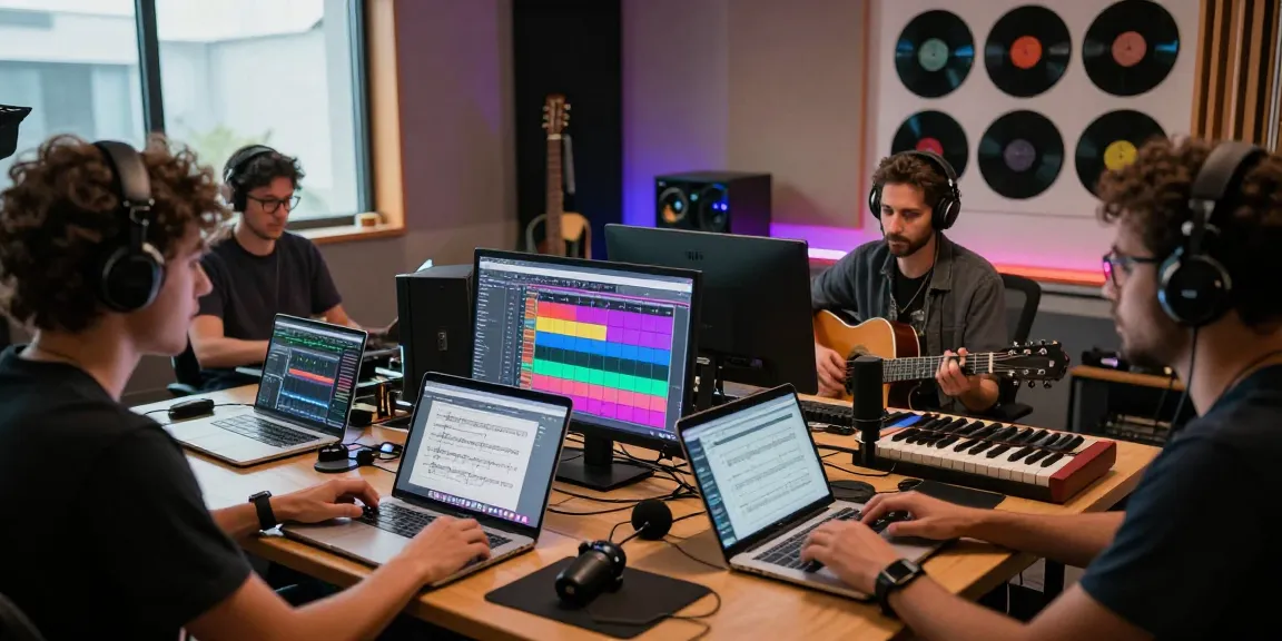 Edimakor KI-Musik Generator in einem kreativen Musikproduktionsstudio mit Künstlern.