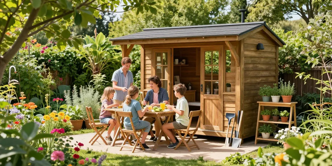 Attraktives Gartenhaus Holz in sonnigem Garten mit Familie bei der Vorbereitung einer Gartenfeier.