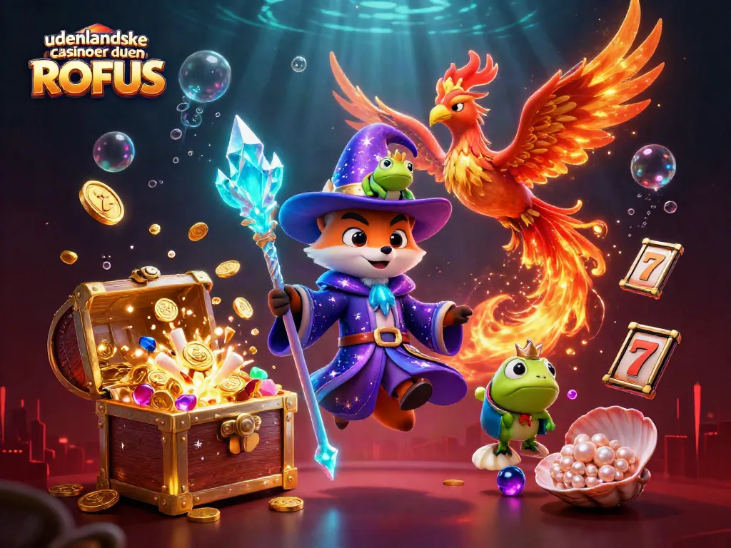 Experience udenlandske casinoer uden ROFUS with a mystical wizard fox and a fiery phoenix in a vibrant scene.