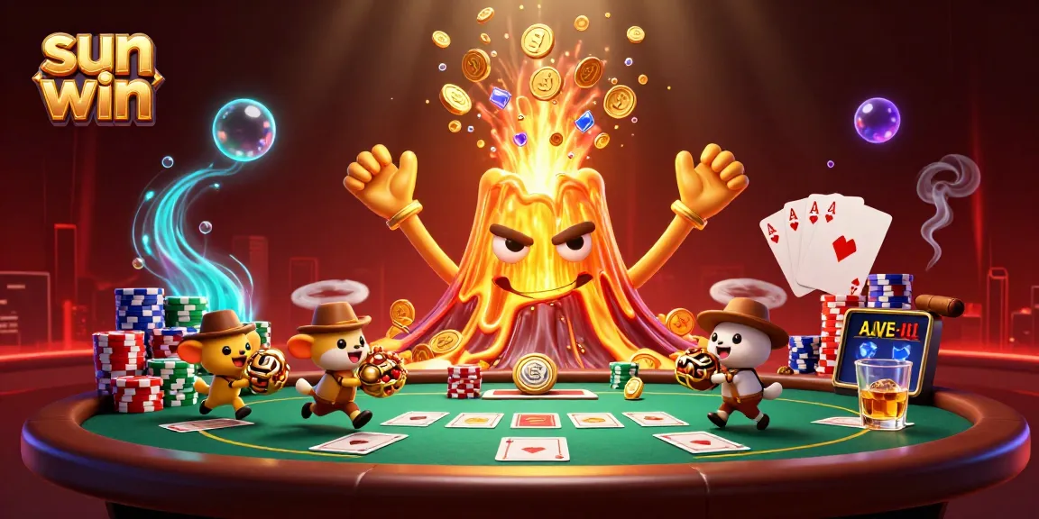 Engage in thrilling gameplay with sun win, featuring a golden volcano erupting treasures amid a lively poker scene.