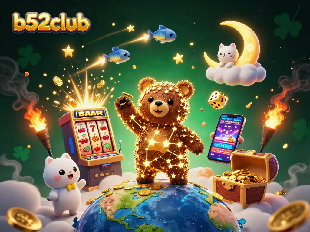 Join the excitement at b52club with a vibrant 3D slot machine jackpot scene bursting with coins