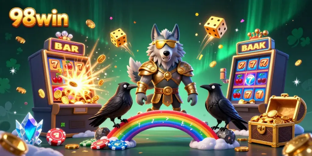 Engaging 98win casino scene showcasing Odin the wolf with ravens, jackpot slot, and glowing casino elements.