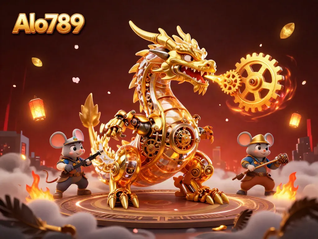 Engage with Alo789's thrilling cockfighting arena featuring a biomechanical dragon and warrior elements.
