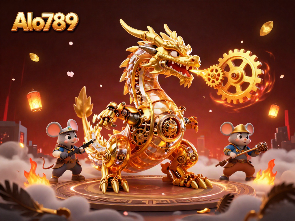 Engage with Alo789's thrilling cockfighting arena featuring a biomechanical dragon and warrior elements.