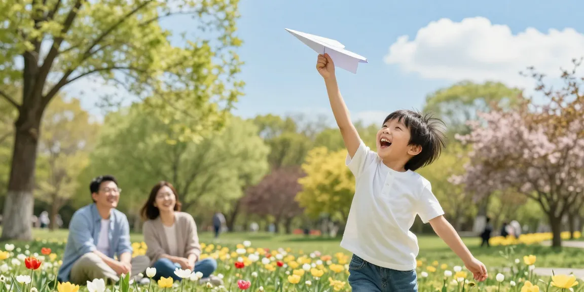 在阳光明媚的公园里，孩子们愉快地放飞纸飞机，周围是盛开的花朵和温暖的阳光。