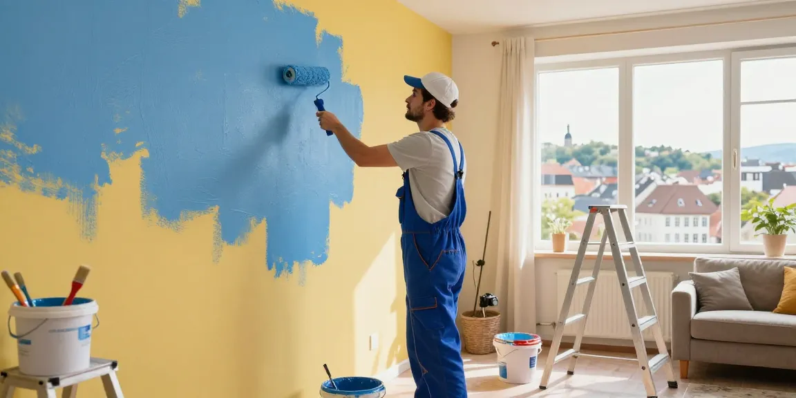 Maler und Lackierer Heidelberg bei der Wohnraumgestaltung mit frischer blauer Farbe.
