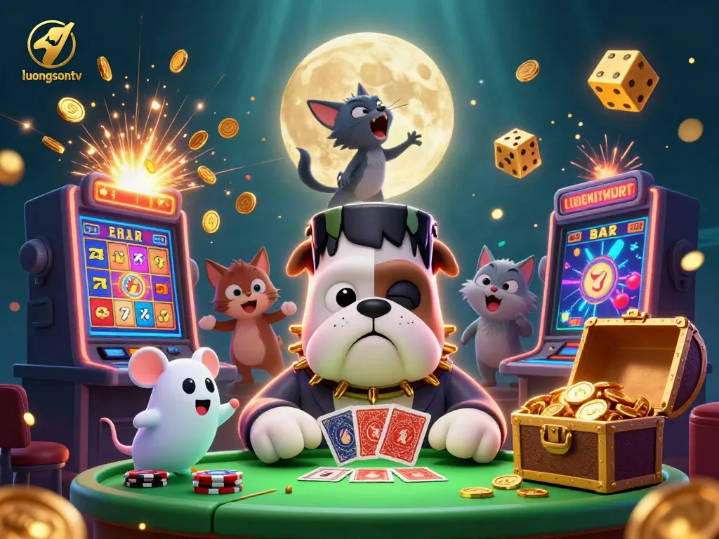Engage with luongsontv's vibrant casino fantasy scene showcasing a bulldog dealer amidst jackpot thrills.