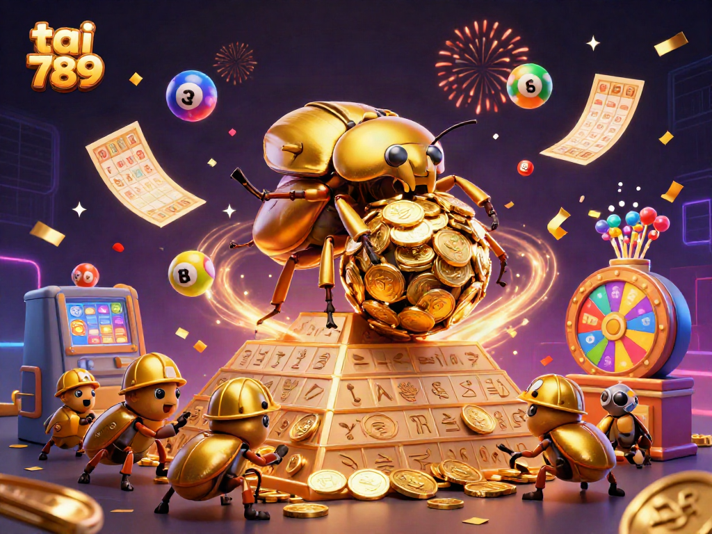 Tai 789 showcases a vibrant 3D casino scene featuring a golden dung beetle and lottery elements.