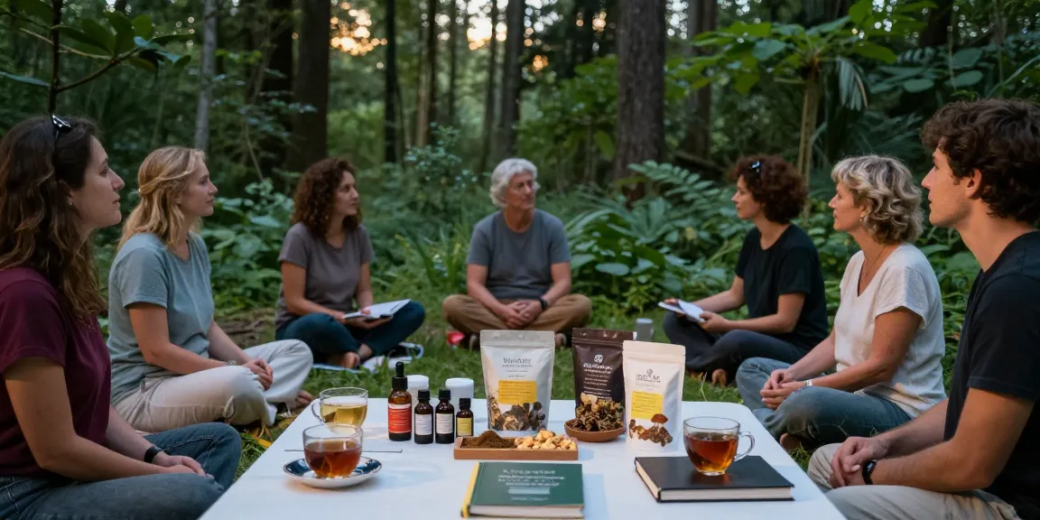 Engagierte Gruppe diskutiert Wellness-Vorteile, während sie Fliegenpilz Kaufen Produkte in der Natur in Betracht zieht und eine beruhigende Atmosphäre schafft.