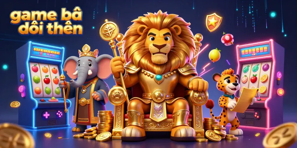 Experience thrilling game bài đổi thưởng with a dynamic scene featuring a lion king on a throne, colorful slot machines, and vibrant game elements.