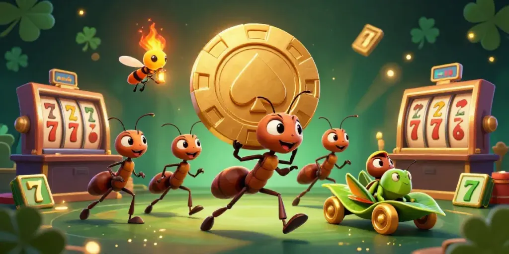 Join the adventure as ants execute a zowin heist in a vibrant casino, complete with slot reels and golden treasures.
