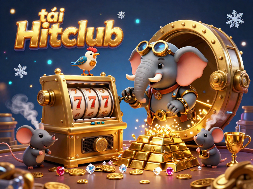 Spin the exciting golden slot machine at tải Hitclub where treasures await in a lively casino scene.