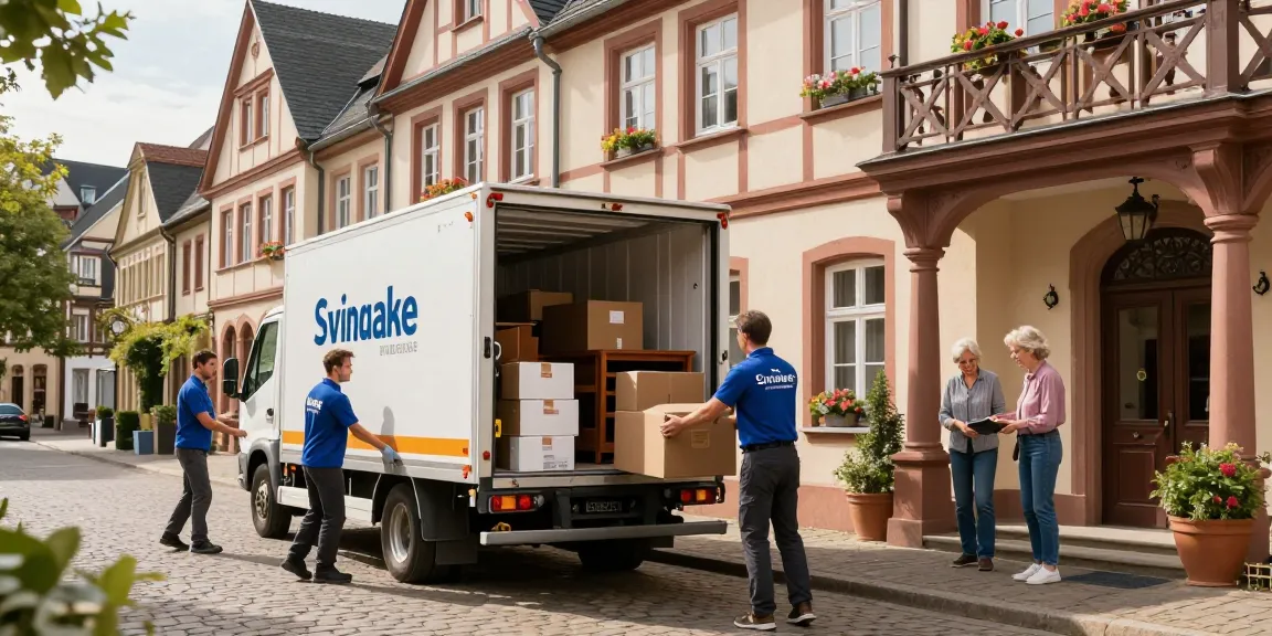 Umzugsunternehmen Speyer, professionelle Umzugshelfer laden Möbel in einen Umzugstruck vor historischem Gebäude.