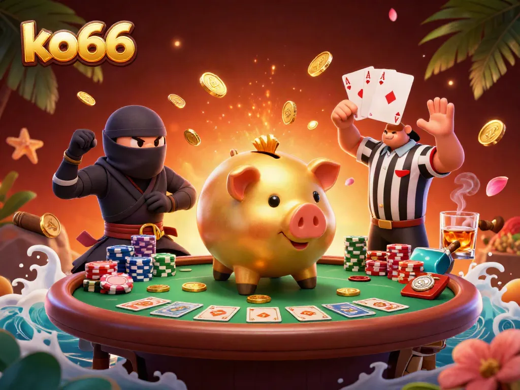 Experience the thrilling world of ko66 as a golden piggy bank wrestler shakes coins while competitors engage in an exciting poker battle.